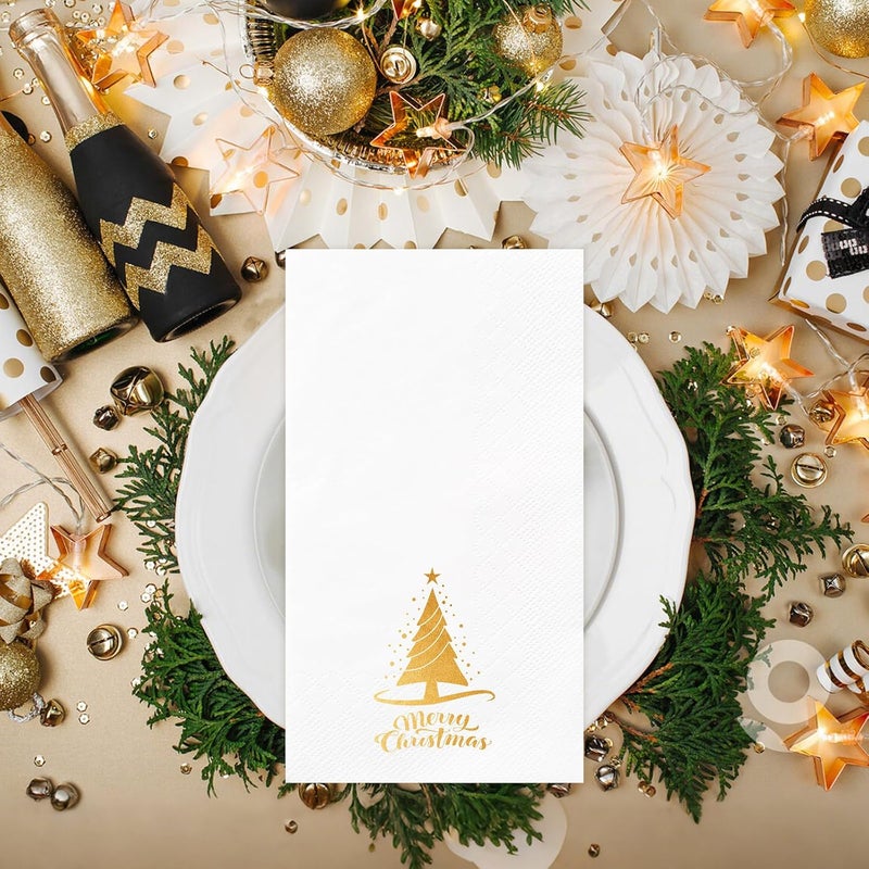 IANFEPH 100 Pcs Christmas Paper Napkins 3 Ply Disposable Bathroom Guest Hand Towels Gold Foil Xmas Tree Decorative Party Napkins for Kitchen Dinning Winter Wedding Birthday Holiday Supplies - Image 2